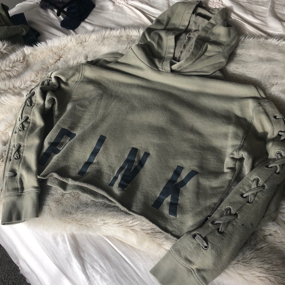 Olive PINK crop hoodie with lace up detail
